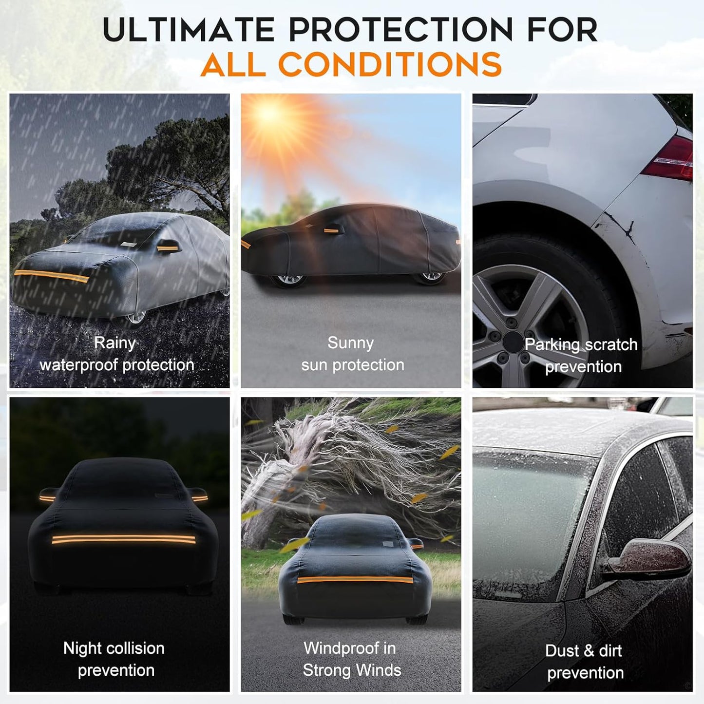 Hatchback Car Cover Waterproof All Weather for Automobiles,Outdoor Heavy Duty Full Exterior Covers with Zipper Door, Rain Sun Snow Dust UV Protection, Windproof Straps & Reflective Strips(Up to 165")
