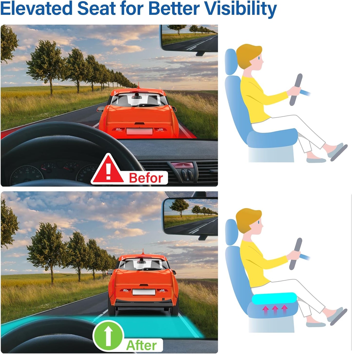 Car Seat Cushion, Ergonomic Memory Foam Car Cushion for Sciatica Pain Relief, Larger Driving Seat Pillow for Short Drivers on Long Drives - Butt Pillow for Truck, Office, Wheelchair - Large Black