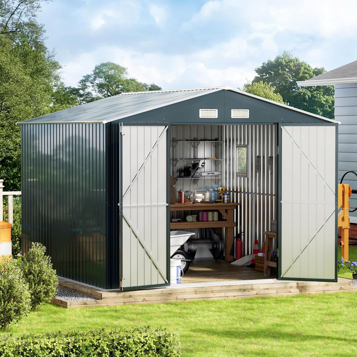 10X10X7.5 FT Outdoor Steel Storage Shed with Lockable Doors, 2 Windows, Frame Floor (No Wood/Other Boards), Ideal for Garden, Backyard, Patio Storage