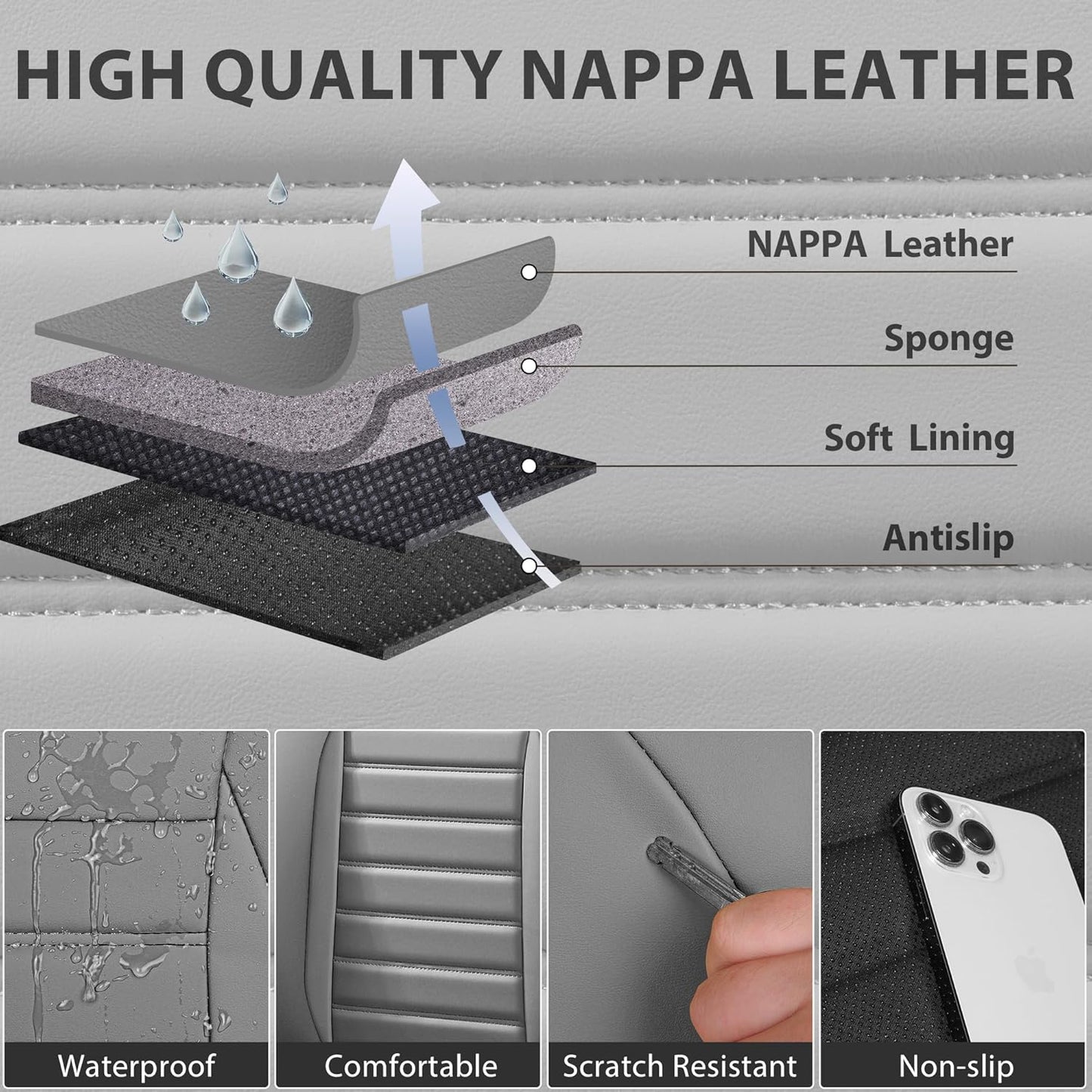 CAR PASS Nappa Leather Car Seat Covers Full Set, Luxury Seat Protector for Cars, Waterproof Anti-Slip Car Seat Cushion Armrest Compatible Airbag Universal for Sedan SUV Pick-up Truck Automotive, Gray