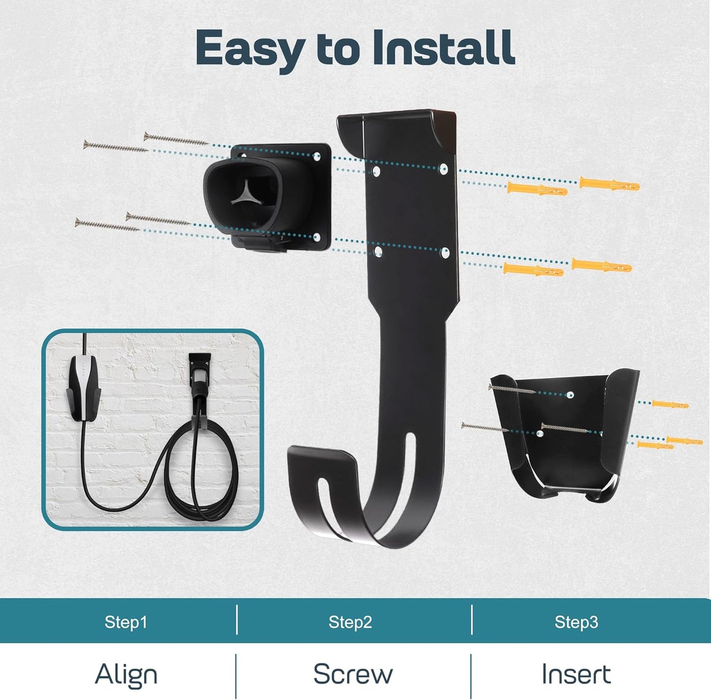 Tesla Charger Holder Wall Mount Kit, Black Mobile Connector Charging Cable Cord for Tesla Model for Indoor Outdoor Garage, Wall Mount Cable Organizer Bracket with UMC Holder