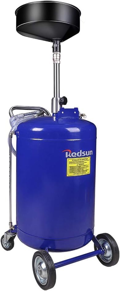 redsun 30 Gallon Waste Oil Drain Tank, Air Operated Oil Drain Container for Quick Fluid Change, Adjustable Funnel Height (53"-80") with Wheels – for Waste Oil Removal in Auto Shops, Garages