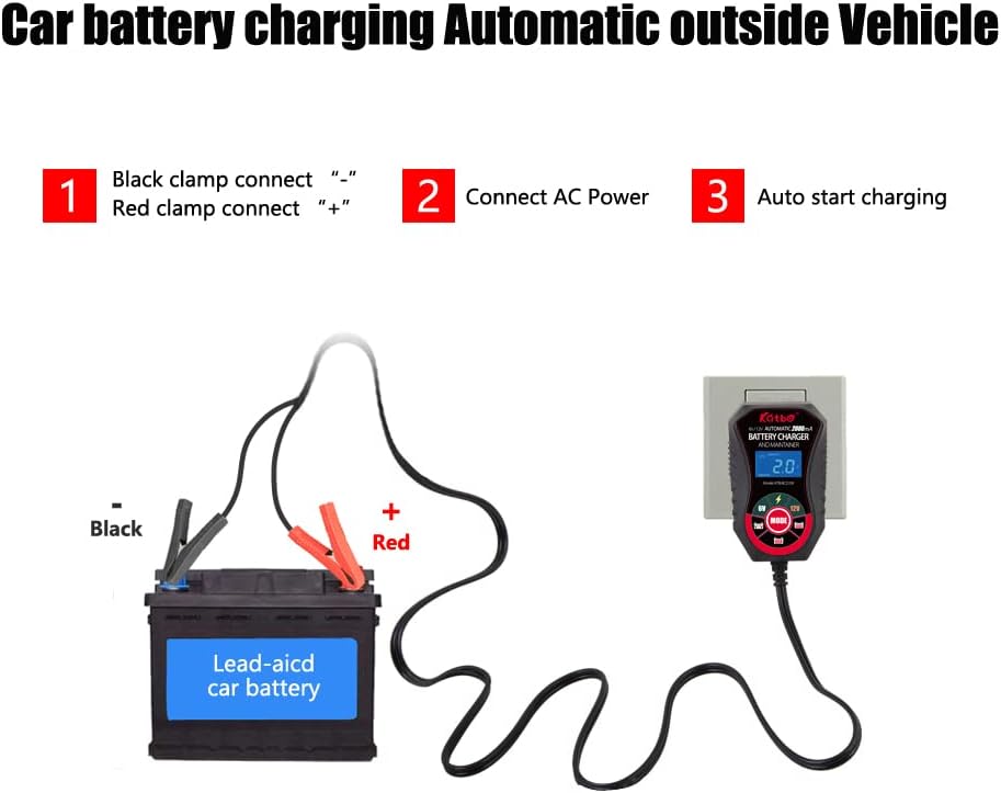 KATBO Battery Charger, 2Amp Battery Maintainer, car Battery Charger 6V 12V, trickle Charger for Car Battery, Motorcycles, Lawn Tractors, Marine AGM, Gel, SLA,Wet