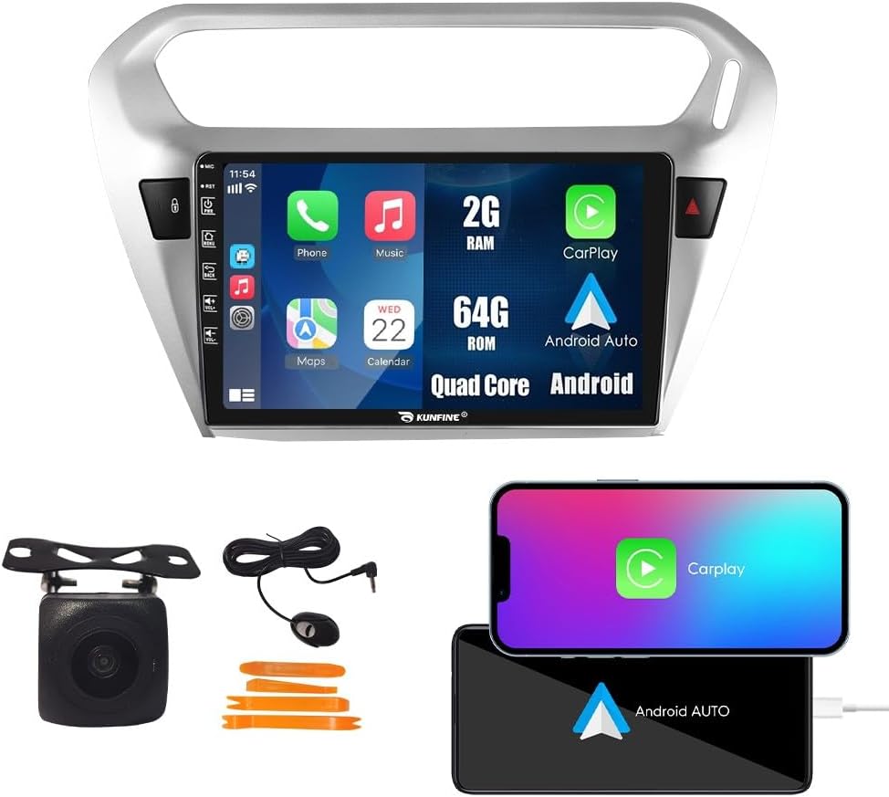 Kunfine Car CarPlay Android Auto Navigation Stereo GPS Radio Reverse Camera Display 9" IPS Touchscreen Headunit Tablet Pad Media Player For Peugeot 301 2013-2022, if Applicable Quad Core 2G+64G Silver