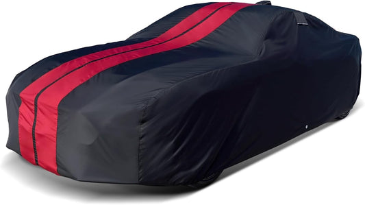 iCarCover Custom Car Cover for 1974-1981 Chevy Camaro Z28, Type LT Waterproof All Weather Rain Snow UV Sun Protector Full Exterior Indoor Outdoor Car Cover (Stripe - Black/Red)