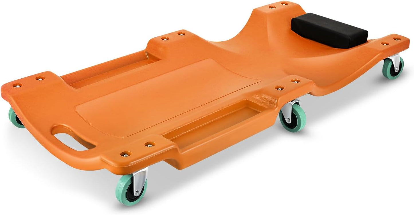 DNA MOTORING 40" L X 19" W Vehicle Repair Low Profile Plastic Rolling Garage Shop Creeper with Padded Headrest,Tool Trays & 6pcs Casters, Orange, TOOLS-00217-OG