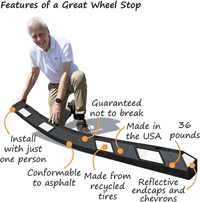 SmartSign Rubber Parking Curb - Heavy Duty Parking Stop with White Reflective Stripe Chevrons, 72" Long (6ft), Wheel Stop for Parking Lot/Garage/Cars/Trucks, Pre-Drilled Holes, Pack of 1