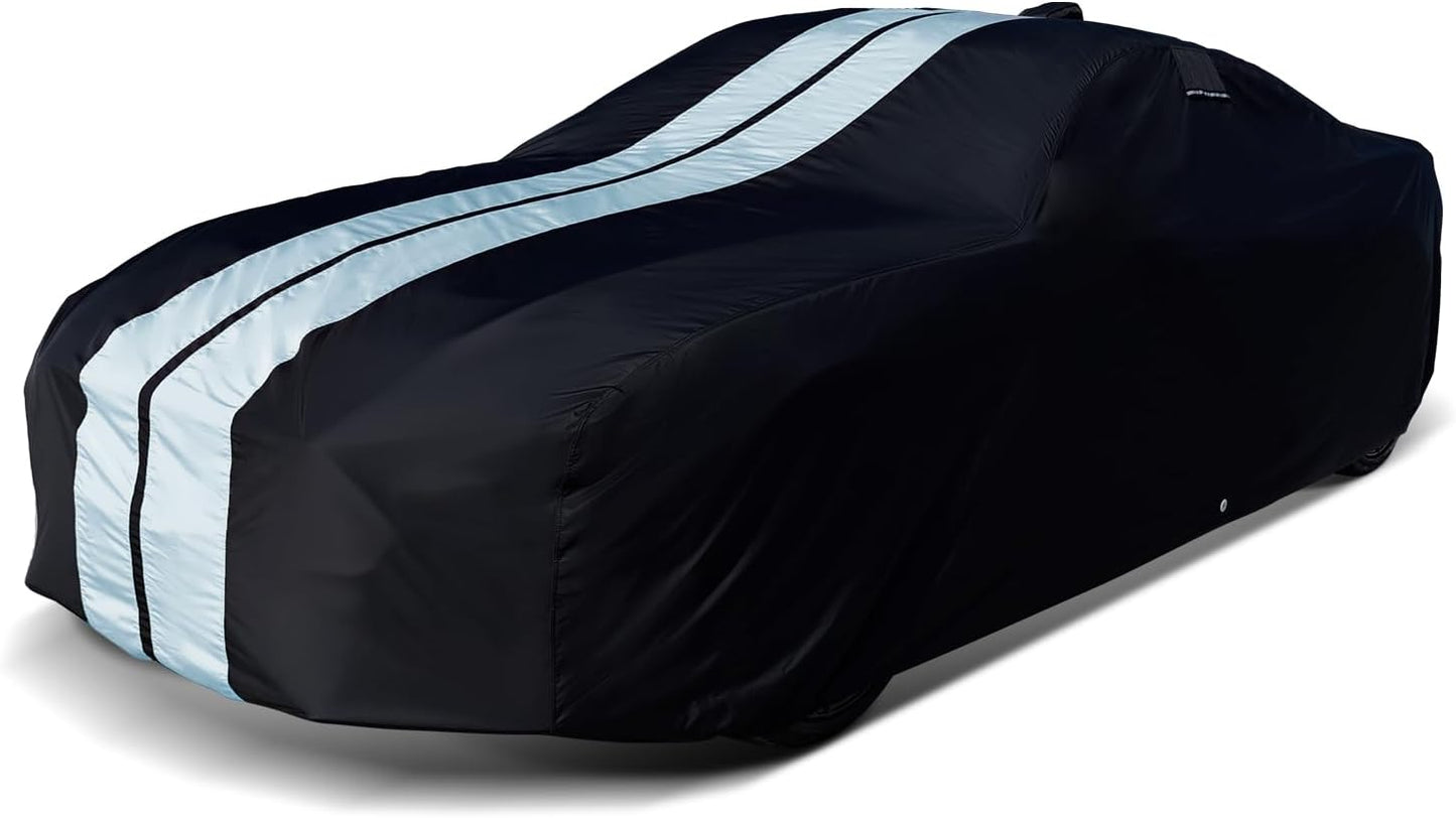 iCarCover Custom Car Cover for 2020-2025 Chevy Corvette C8 with High Wing Spoiler Waterproof All Weather Rain Snow UV Sun Protector Full Exterior Indoor Outdoor Car Cover (Stripe - Black/Gray)