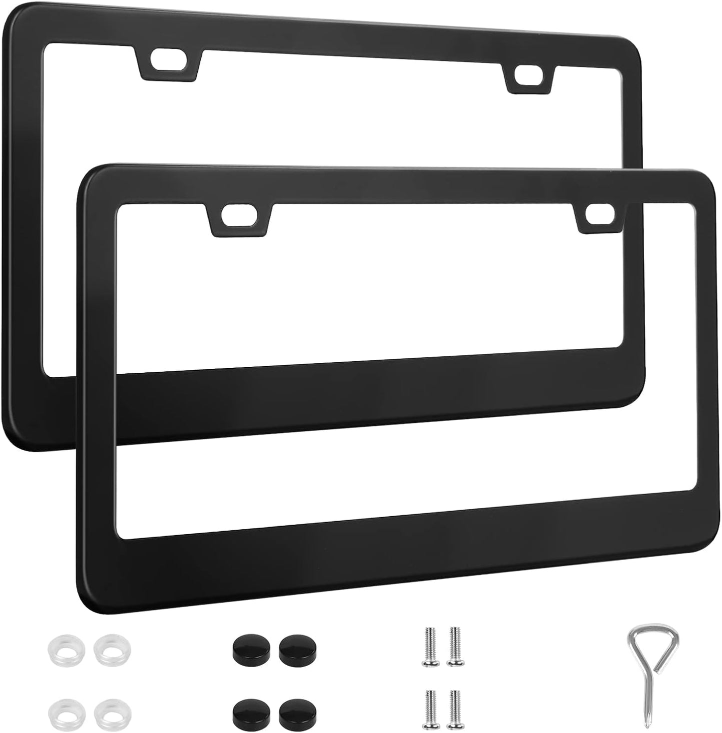 2 Pack License Plate Frames, Stainless Steel Car License Plate Cover Car Accessories with Screw Caps (Black)