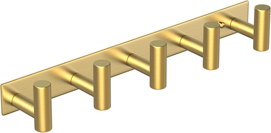 Wall Mounted Coat Rack-5 Hooks, Heavy Duty Stainless Steel Hook Rail for Towel Coat Hat Purse Bag Jacket, Towel Hooks for Entryway Bathroom Kitchen (Gold 5 Hooks - 1 Pack)