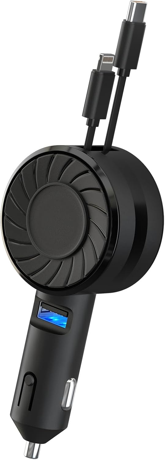 Retractable Car Charger, 3 in 1 Fast Charging Car Phone Charger 50W, Mini Adapter with 2 Cables+1 Port Cigarette Lighter USB C Charging for Apple iPhone 15 Pro/Samsung/Android/Pixle