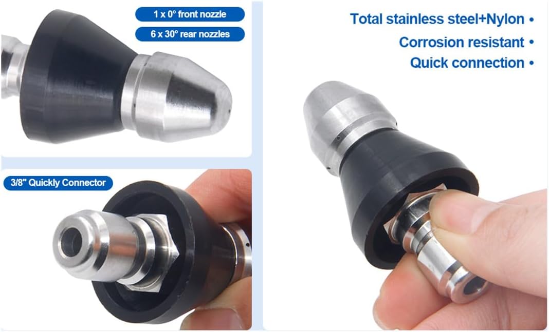 Pressure Washer Sewer Jetter Nozzle with Stainless Steel, Durable Design Sewer Jet Nozzle,Pressure Drain Jetter Hose Nozzle,3/8'' Quickly Connector, 5000 PSI Orifice 6.5