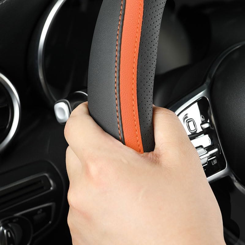 Car Steering Wheel Cover, Leather Steering Wheel Cover Orange Universal 14.5-15 Inch Microfiber Leather Anti-Slip Breathable Auto Steering Wheel Covers for Men Women (Black&Orange)