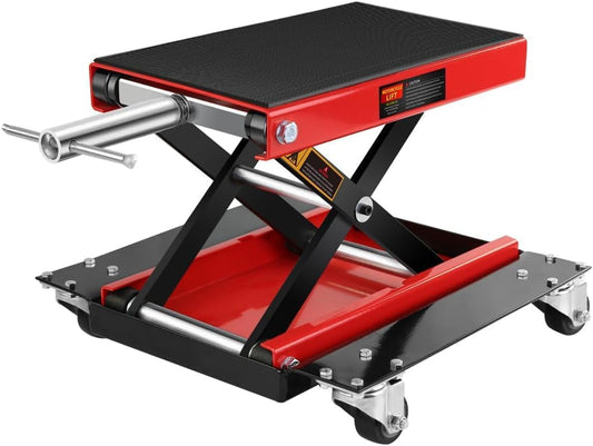 Heavy Duty 1100LBS Motorcycle Scissor Lift Jack with Dolly Wheels, Hand Crank & Non-Slip Platform - Adjustable Bike Lift Stand for Cruiser, Dirt Bike, ATV - Foldable,Garage Repair Equipment