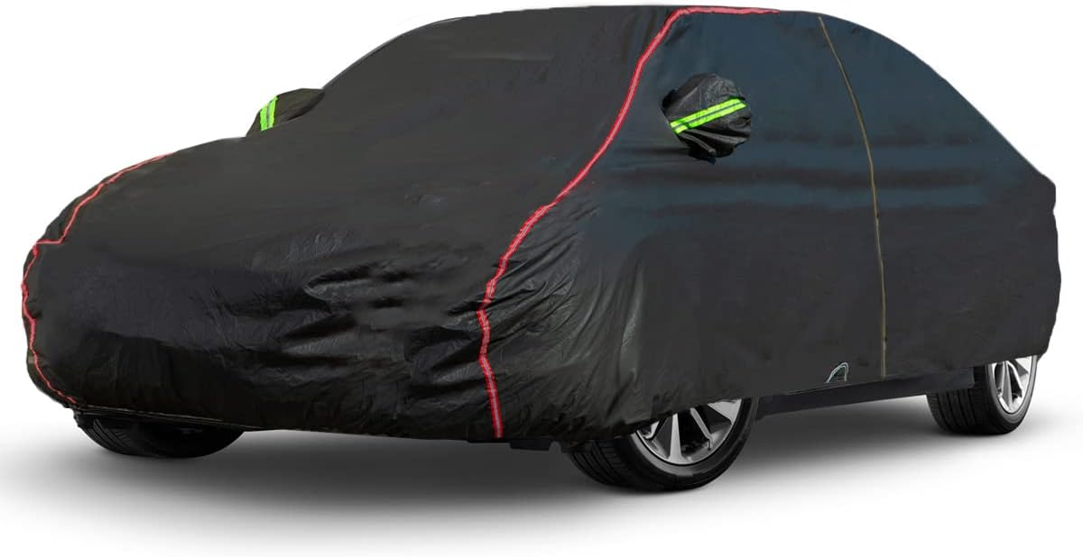 AUQDD 6-Layers PEVA New Material Sedan SUV Full Padded Car Cover Waterproof All Weather Weatherproof UV Sun Protection Snow Dust Storm Resistant Outdoor Exterior Custom Form-Fit Straps 178"-189"Black