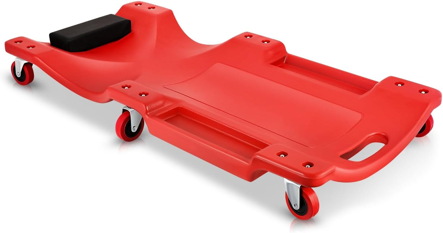 Auto Dynasty 36 Inches Mechanic Creeper, Automotive Garage Repair Low Profile Under Car Rolling Creeper with Padded Headrest, Plastic, Red