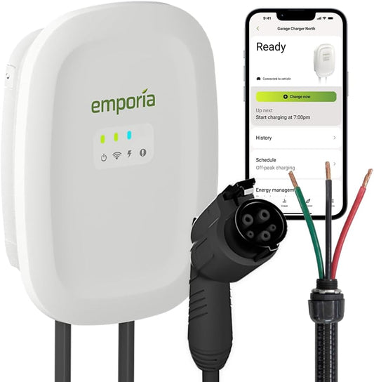 EMPORIA Level 2 EV Charger w/ J1772 Charger, 48 amp, Preconfigured for Hardwired Install with Whip, WiFi Enabled EVSE Level 2 Charger, 24ft Cable, White