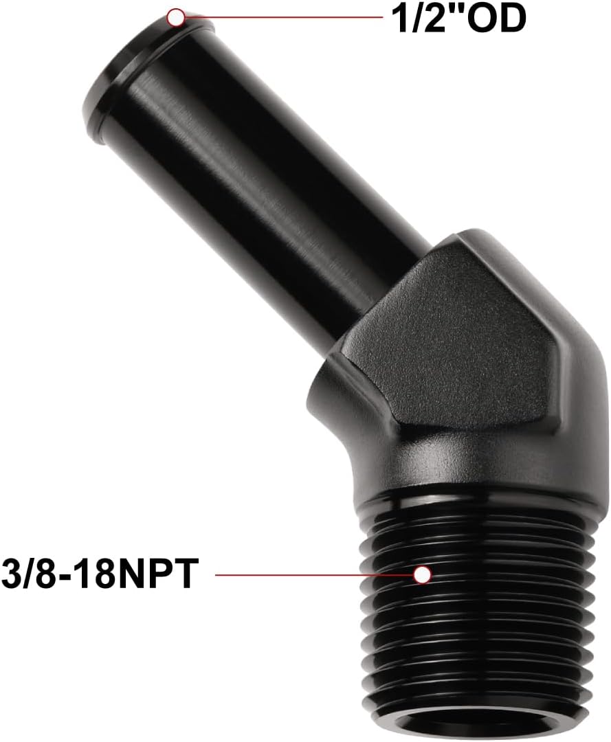 3/8 NPT Male to 1/2" Hose Barb Fitting Adapter 45 Degree Elbow Aluminum Black