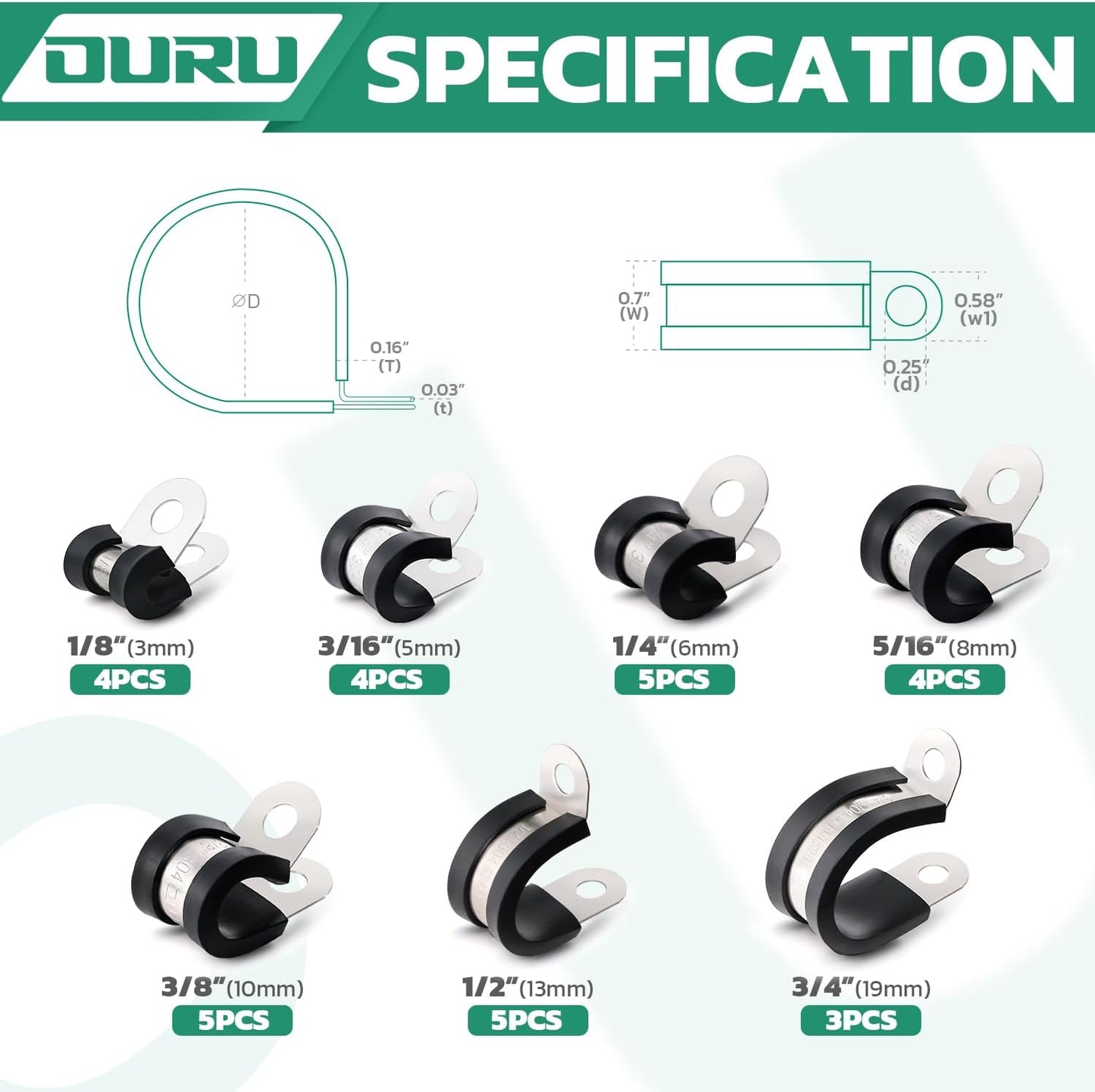 30PCS Cable Clamps Assortment Kit,7 Sizes—1/8" 3/16" 1/4" 5/16" 3/8" 1/2" 3/4" Stainless Steel Rubber Coated Cushioned Insulated Cable Clamp,Automotive Wire Pipe Clamps