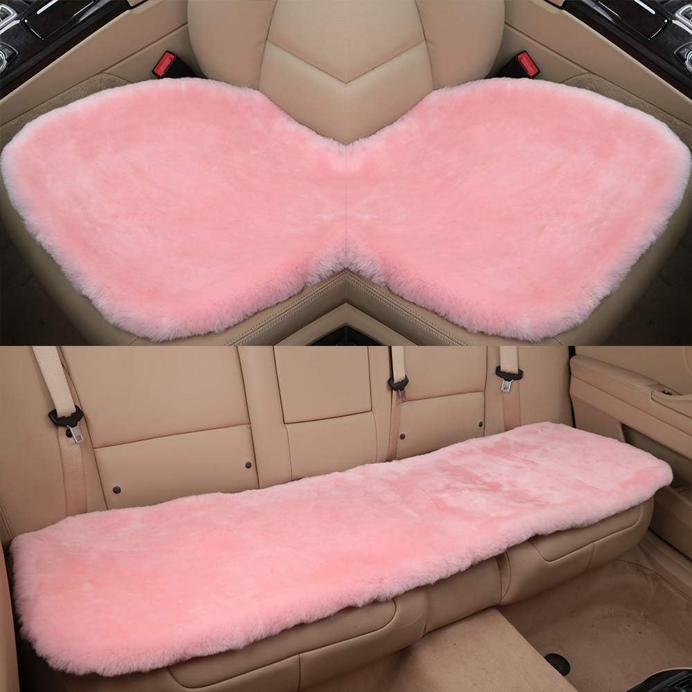 Fluffy Genuine Australia Sheepskin Car Seat Cover for Auto Interior Accessories with Soft Fuzzy Wool Eco-Friendly Natural Fur Non-Slip (Pink, Back)