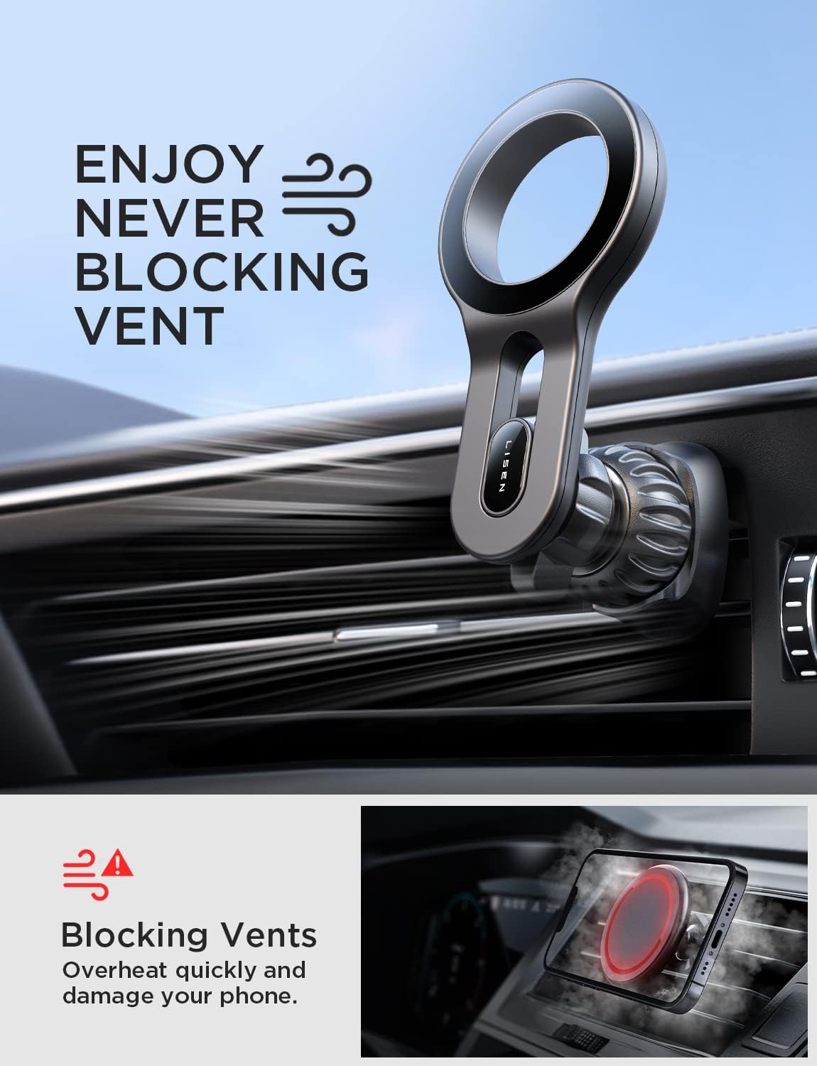 LISEN for iPhone 16 MagSafe Car Mount, [Quick Install] Ultra Magnetic Long Arm Mag Safe Car Phone Holder Vent, Car Accessories Fit for iPhone 16 Pro Max 15 14 13 12 Plus Mini Men Women, Blue