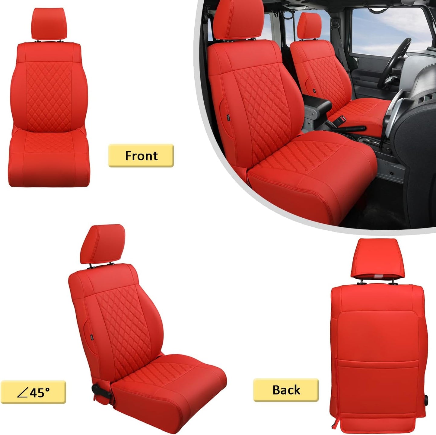 GIANT PANDA Customized Full Set Car Seat Covers for Jeep Wrangler 4 Door JK Unlimited Sahara Sport Rubicon X 2008 2009 2010, Faux Leather - (Red)