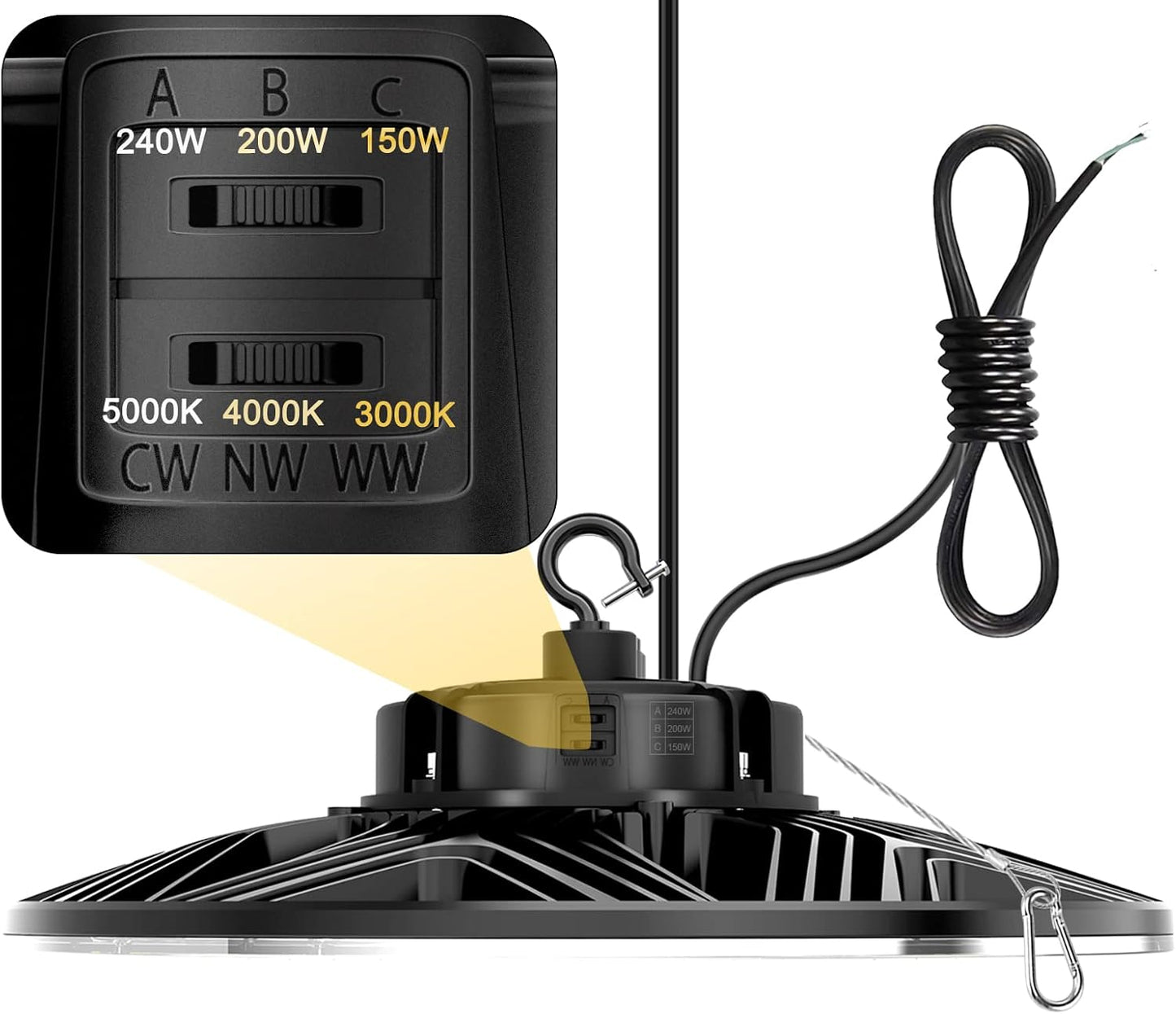 UFO LED High Bay Light, 240W/200W/150W Adjustable, UL & DLC Listed 5000K/4000K/3000K Adjustable, 33600LM 0-10V Dimmable IP65 Waterproof High Bay Lights AC100-277V for Warehouse Factory