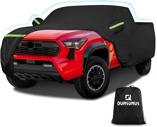 QUNSUNUS Car Cover for Toyota Tacoma 2005-2024, Waterproof Truck Cover with Zipper, All Weather Full Exterior Cover with Straps and Elastic for Wind, Sun, UV and Dust Protection