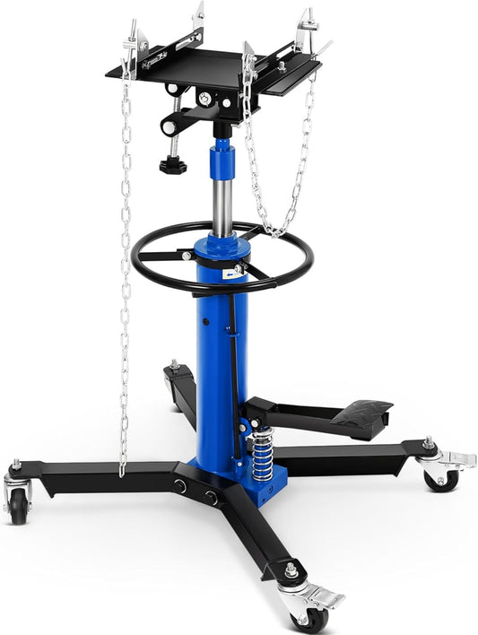 Transmission Jack, 1322lbs (3/5 Ton), 2-Stage Hydraulic Telescopic Jacks, Lifts 34"-68", with Foot Pedal & 360° Swivel Wheels, Ideal for Garage and Car Lifting, Heavy-Duty, Blue