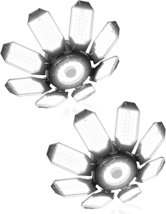 Adiding LED Garage Ceiling Lights 2 Pack w/ 8+1 Adjustable Panel, Super Bright 28000LM Deformable Basement Light Bulb Fixture Screw in E26 Socket Base for Indoor Workshop Attic Gym Bay Laundry Utility