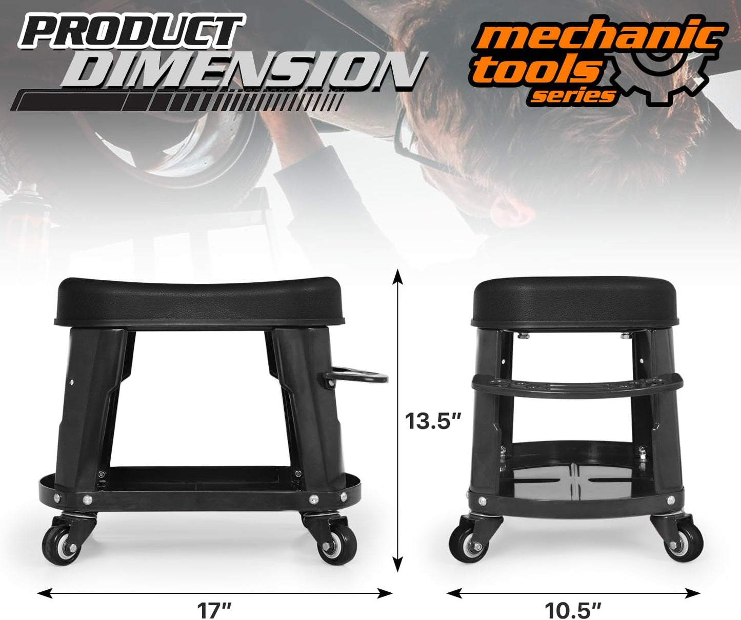 M-AUTO Heavy Duty Garage Rolling Work Seat 300LBS Capacity Mechanics Stool with Wheels, Rolling Work Seat with Equipment Tray and Tool Rack, Rectangle Seat Mechanic Roll Chair, Black