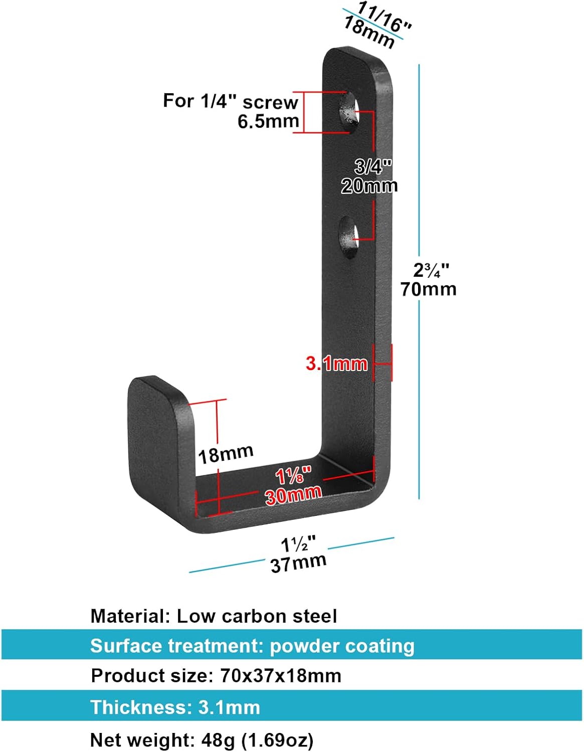 10 Pack 2-3/4" Mini Black Steel Utility J Hook, Wall Mount Garage Storage Hanging Hook, Load 66 lbs, 1-1/8" Inner Width