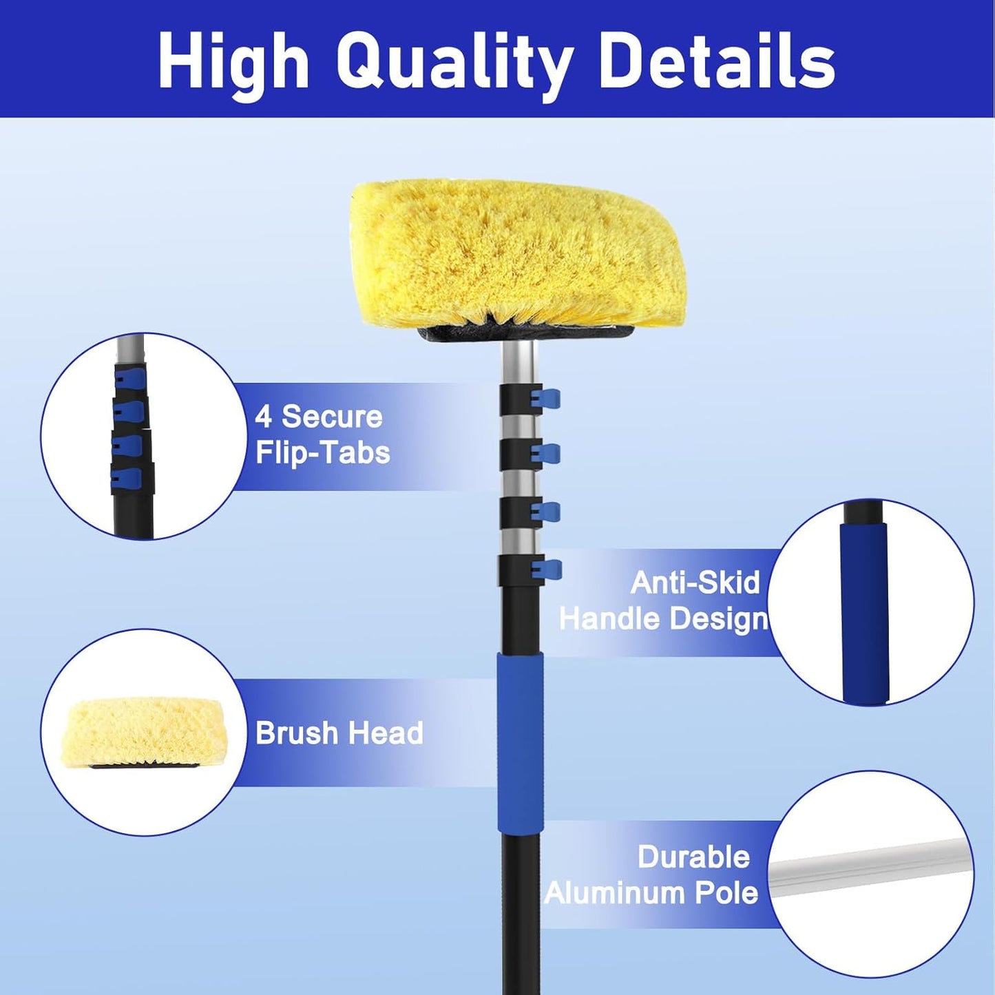 12FT Car Wash Brush with Long Handle, Car Cleaning Brush with Soft Bristle, Aluminium Telescoping Pole for Solar Panel, House Siding, Cars, Trucks, SUV, RV, Floors, Blue