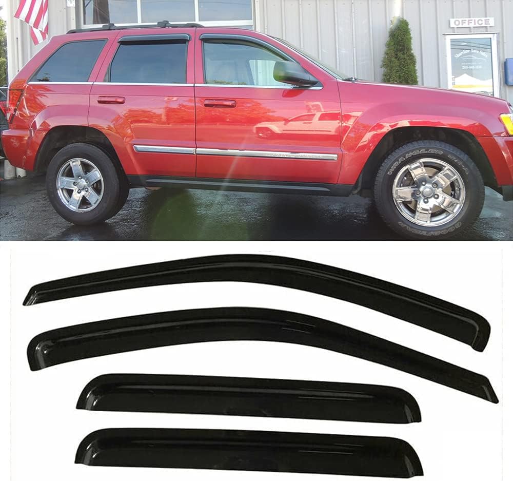 94243 Original Side Window Deflector Visor Rain Guard,Outside Mount Tape-on Shatterproof Dark Smoke,4pcs Window Shades fit for 2005-2010 Jeep Grand Cherokee