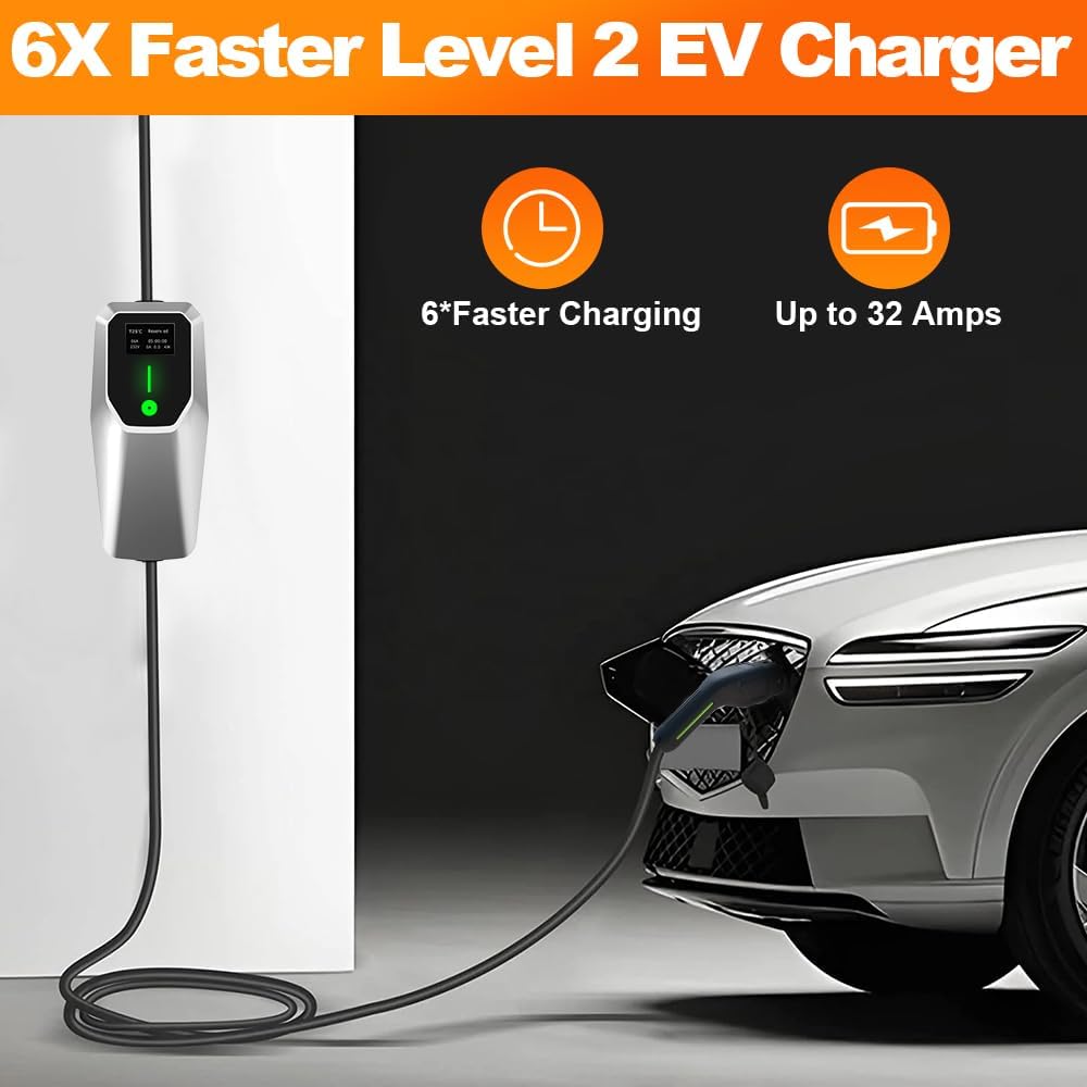 Level 1&2 EV Charger 32Amp 110V-240V with 20FT Cable, Portable Home Charger NEMA 14-50 5-15 Plug for All SAE J1772 Electric Cars