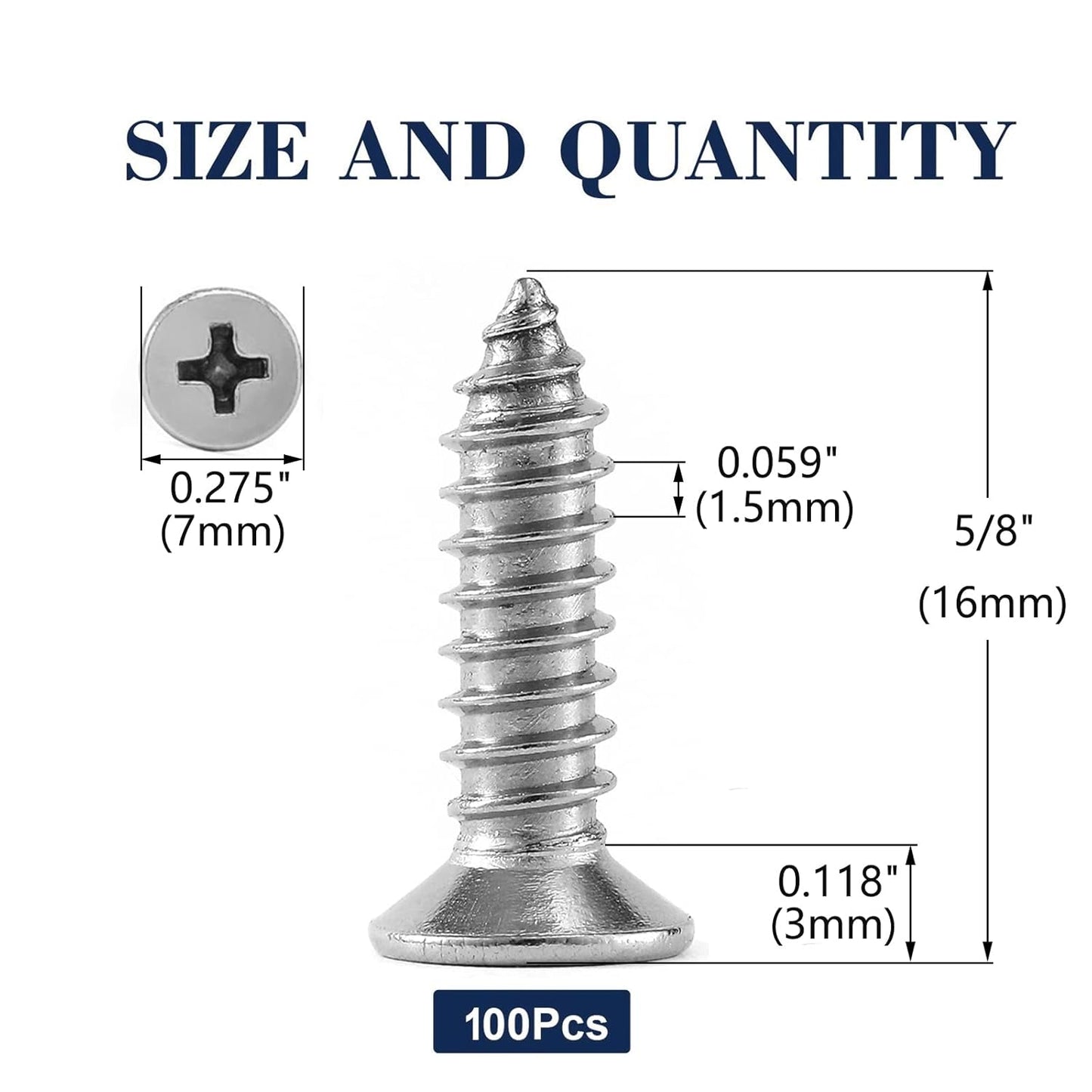 #7 x 5/8" Wood Screw 100Pcs 18-8 (304) Stainless Steel Screws Flat Head Phillips Fast Self Tapping Drywall Screws by SG TZH