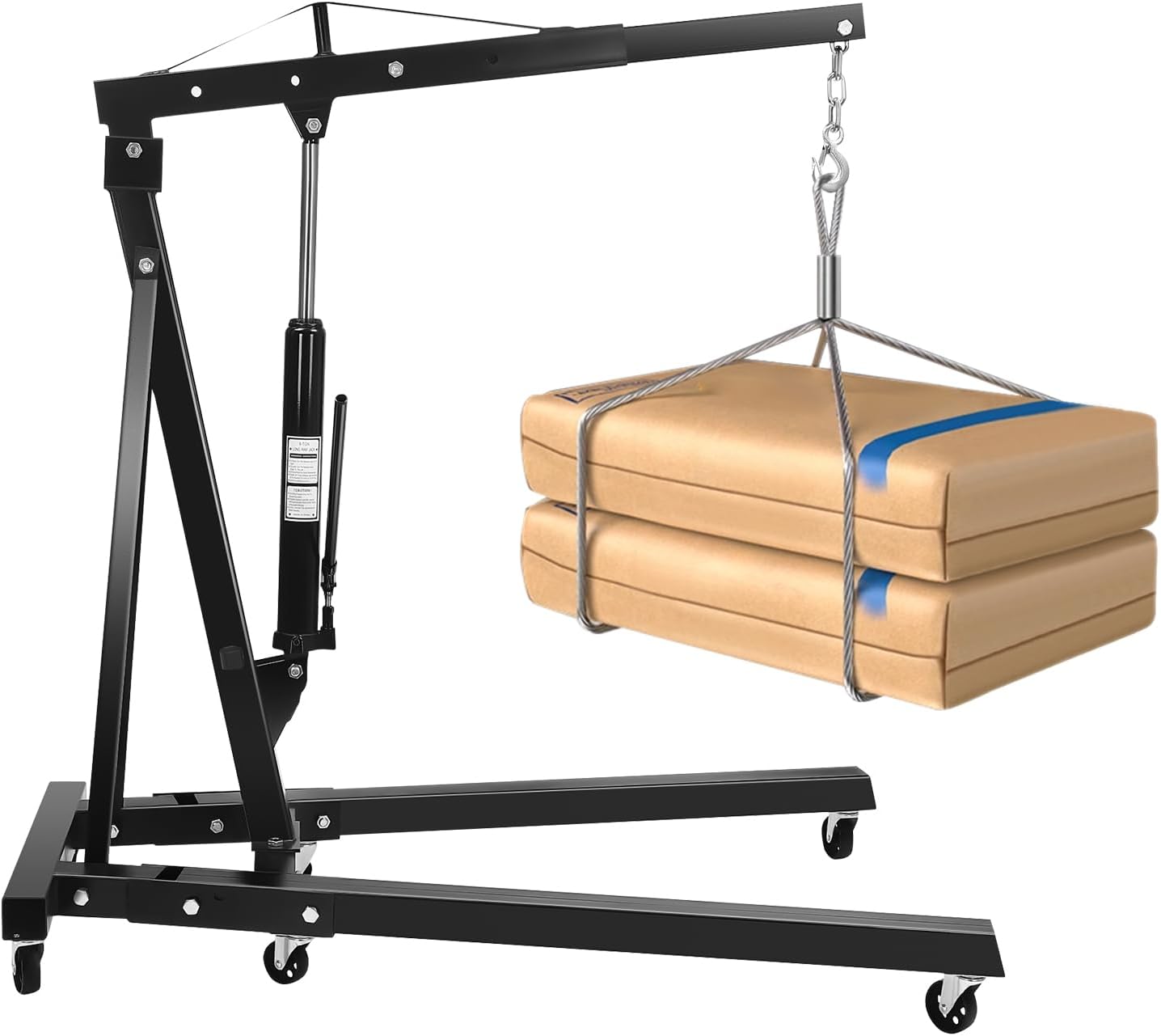 6.89Ft Folding Engine Lift 2 Ton Folding Cherry Picker Shop Crane Hoist Lift Engine Hoist with 6 Wheels Engine Crane Folding Engine Hoist for Car Fixing Workshops Garages (Black)