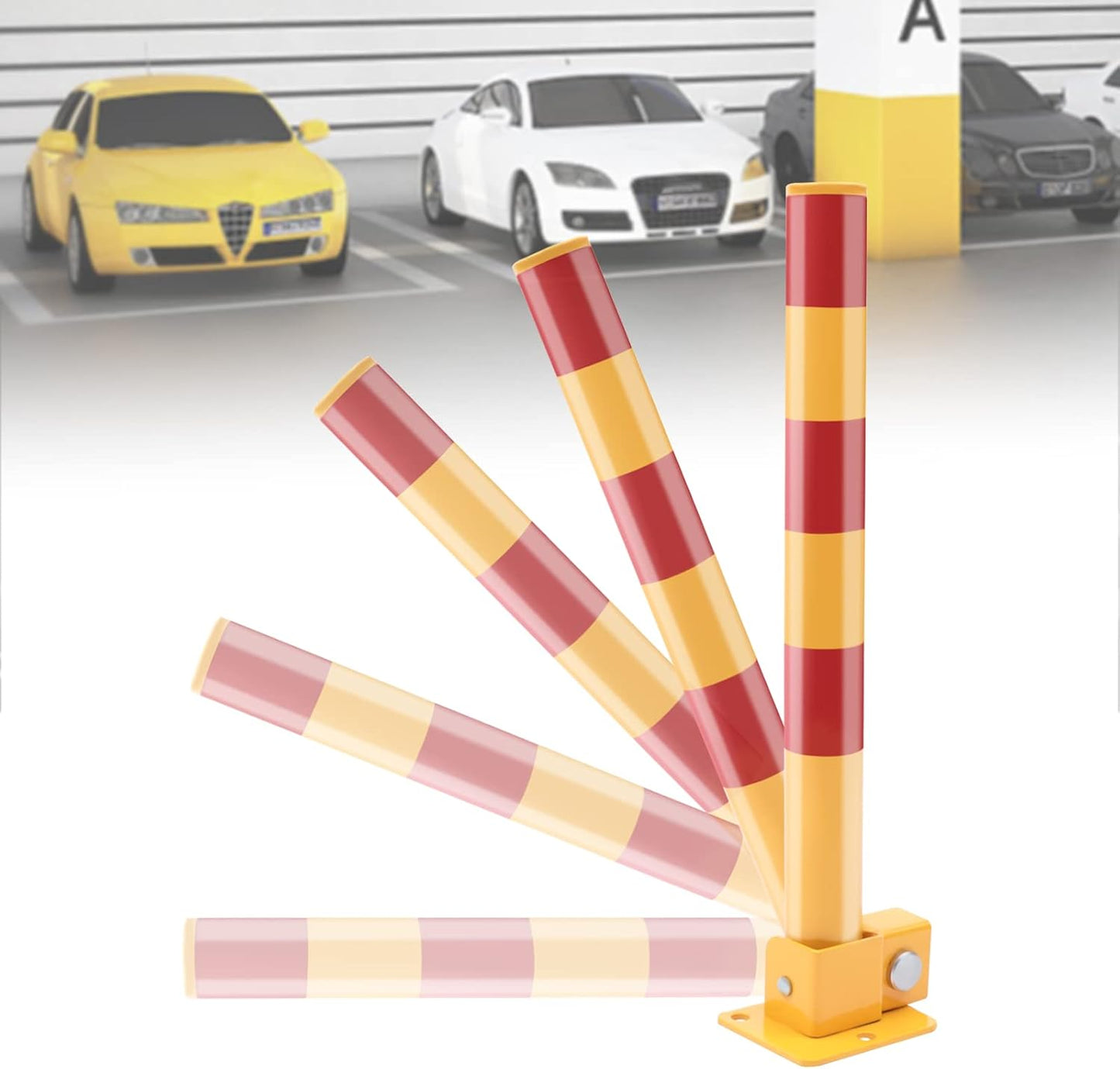 Spring Parking Post Wall Mount Parking Barrier with Lock Folding Metal Parking Obstacle Piles with Warning Stripes Driveway Parking Interceptor Bollard for Parking Lot -Red/Yellow (5.1*4.3*23.6in)
