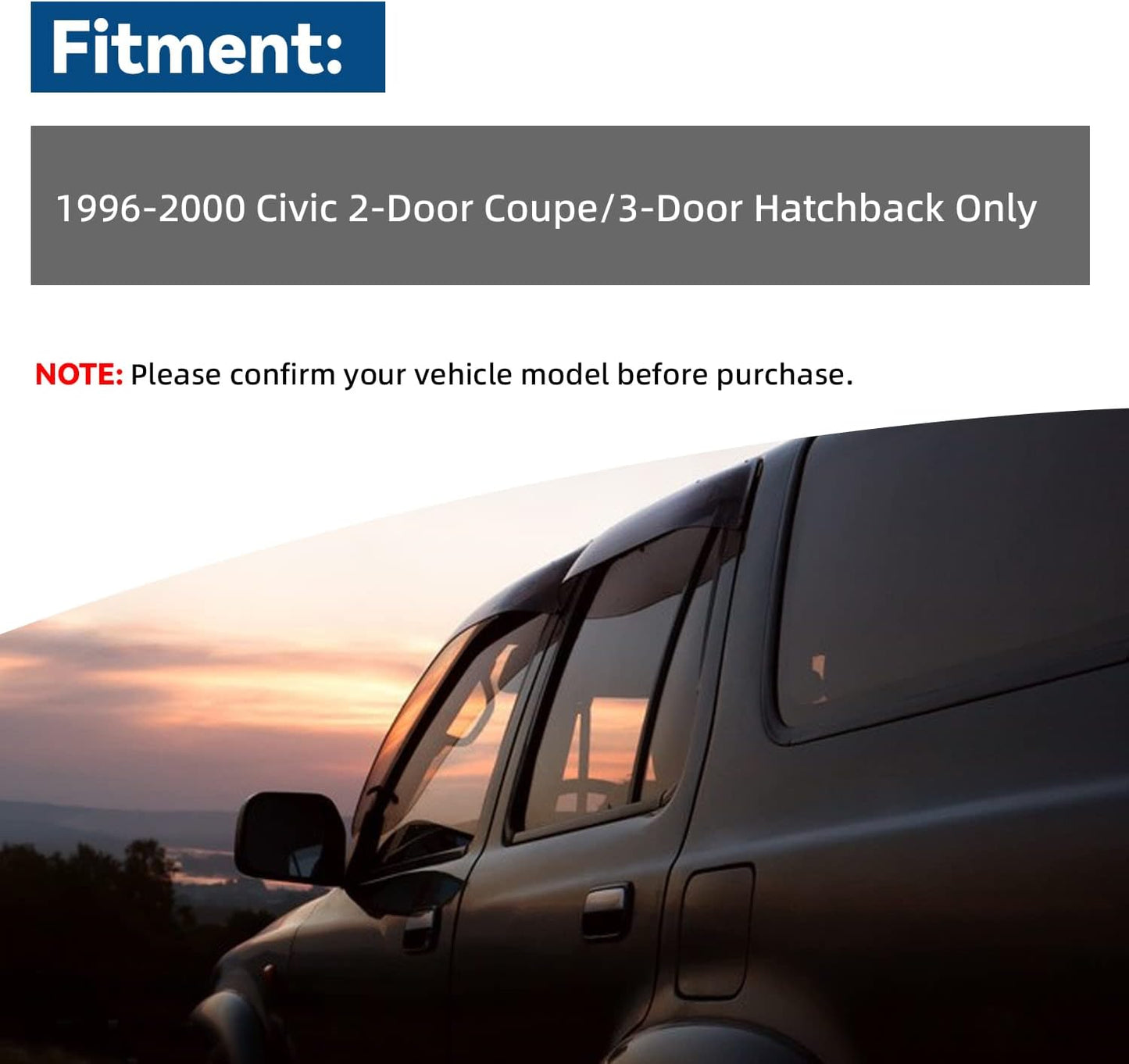 2pcs Front Smoke Sun/Rain Guard Outside Mount Tape-On Window Visors Compatible with 96-00 Civic 2-Door Coupe/3-Door Hatchback