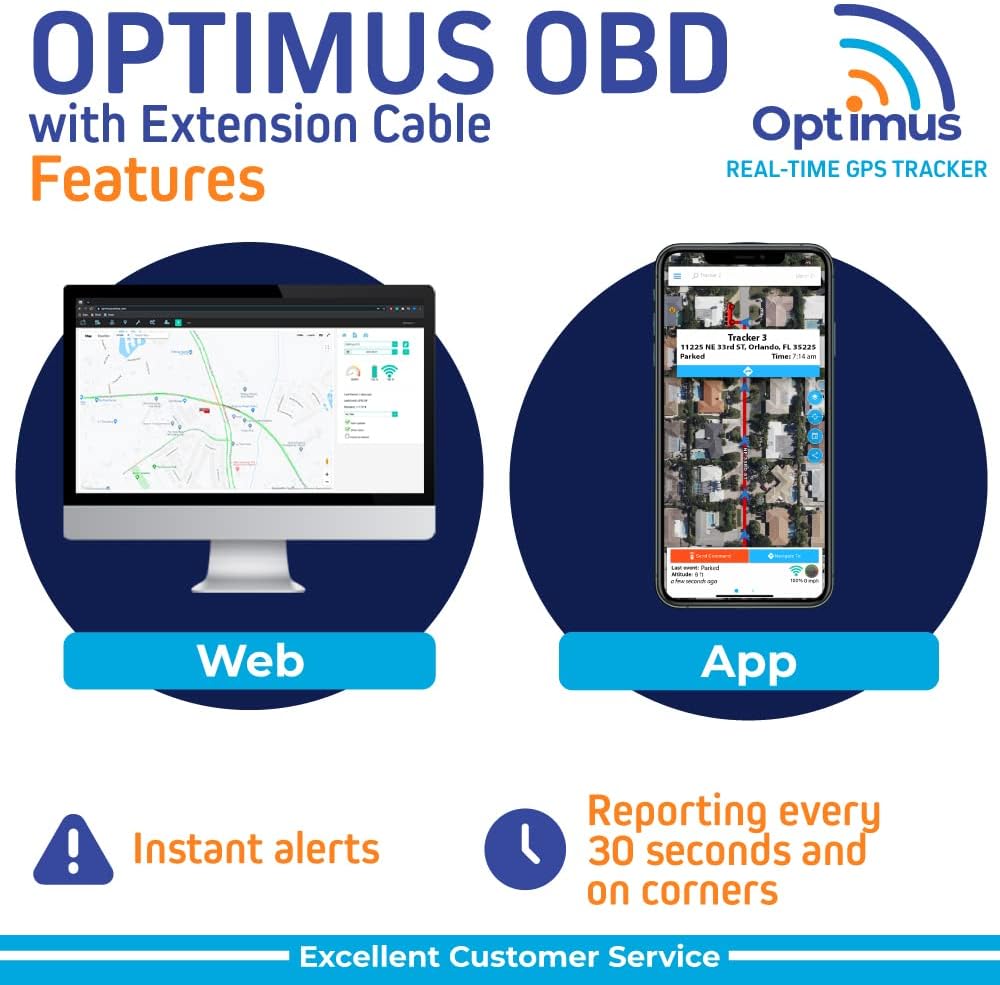 Optimus Plug-in GPS Tracker for Cars - Easy Installation - Harsh Driving Alerts - Reporting History and More - Extension Cable Included