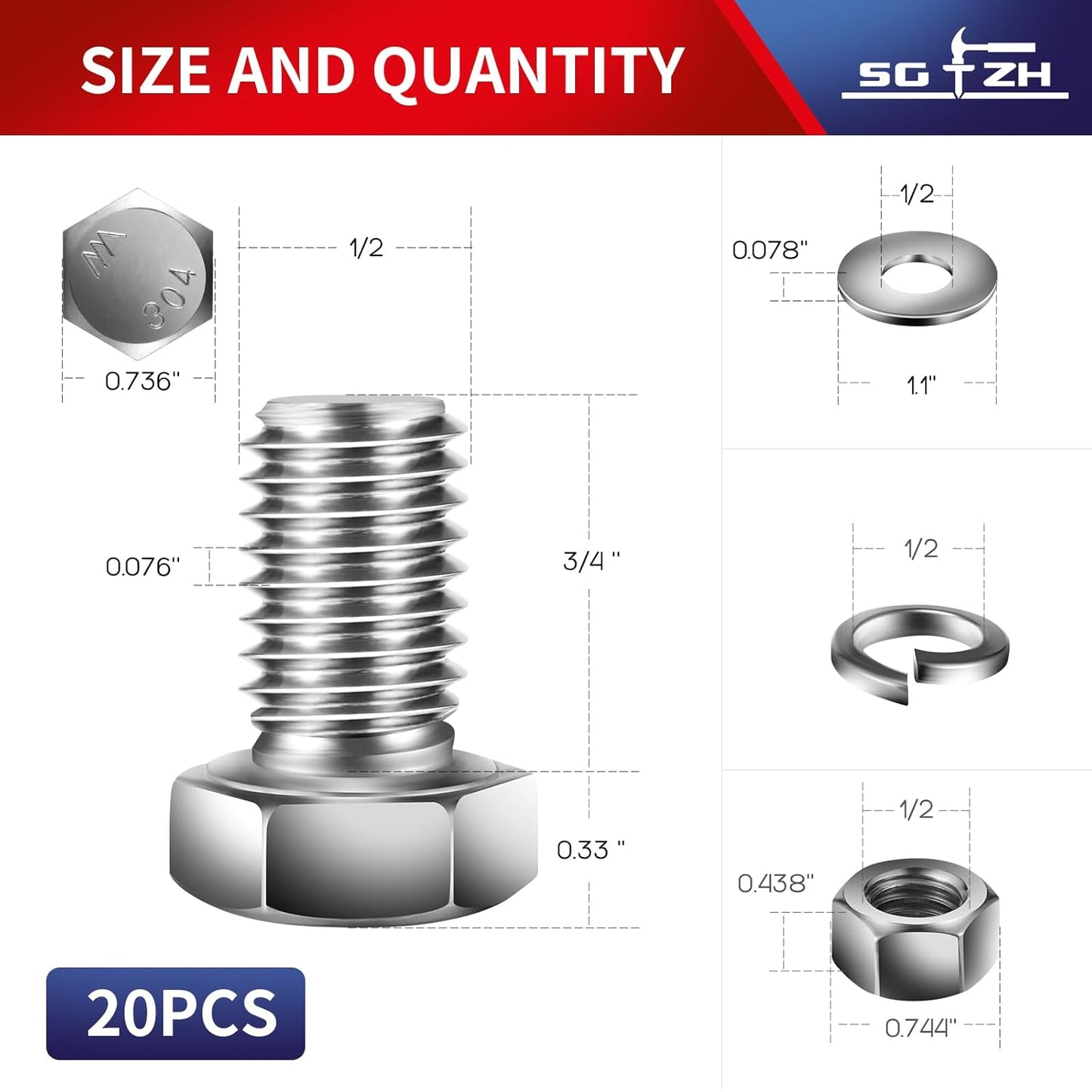 1/2-13 x 3/4" Hex Head Screw Bolt, Nuts, Flat & Lock Washers, 20Pcs 18-8 (304) Stainless Steel, Fully Threaded, by SG TZH