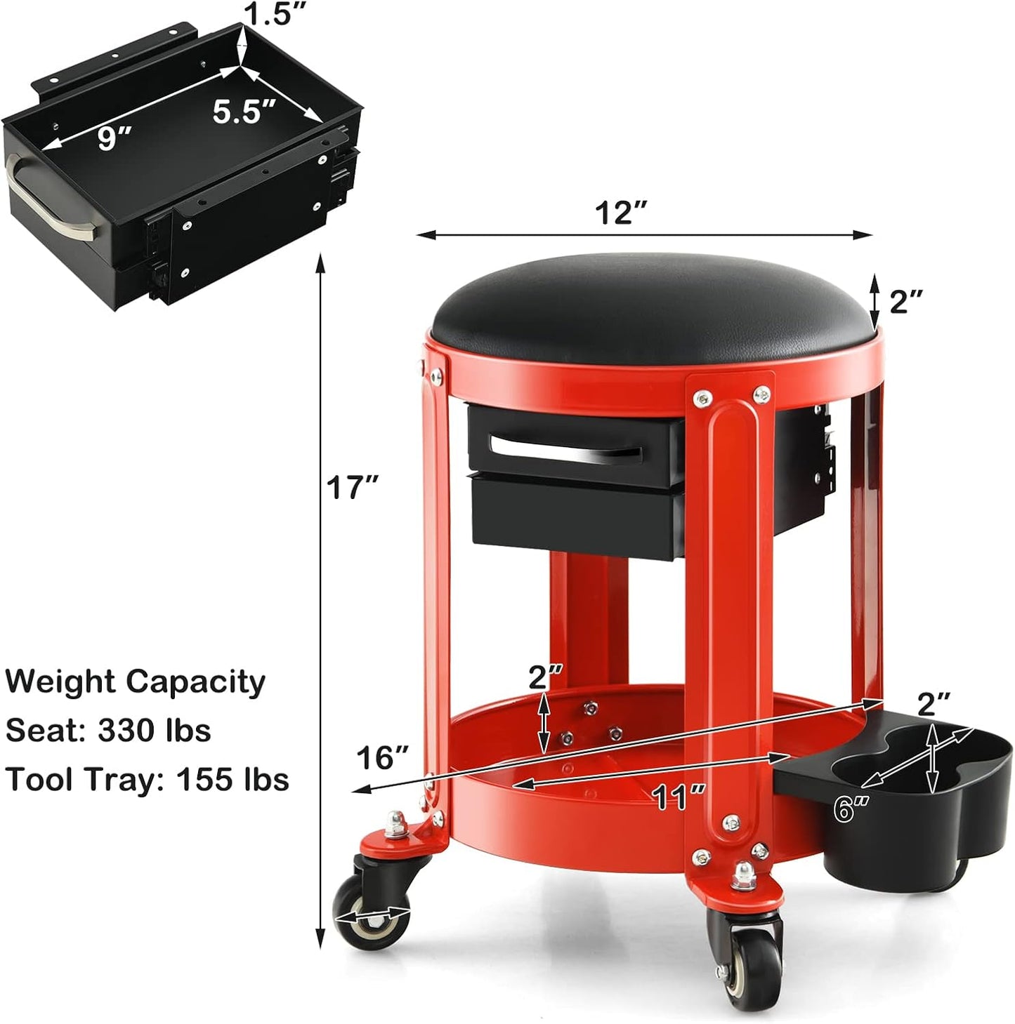 S AFSTAR Garage Shop Roller Seats, Adjustable Pneumatic Rolling Creeper Stool W/Removable Padded Seat, 2-Direction Drawers, Twin Can Holder, Round Mechanic Rolling Stool, 330 LBS Max Load