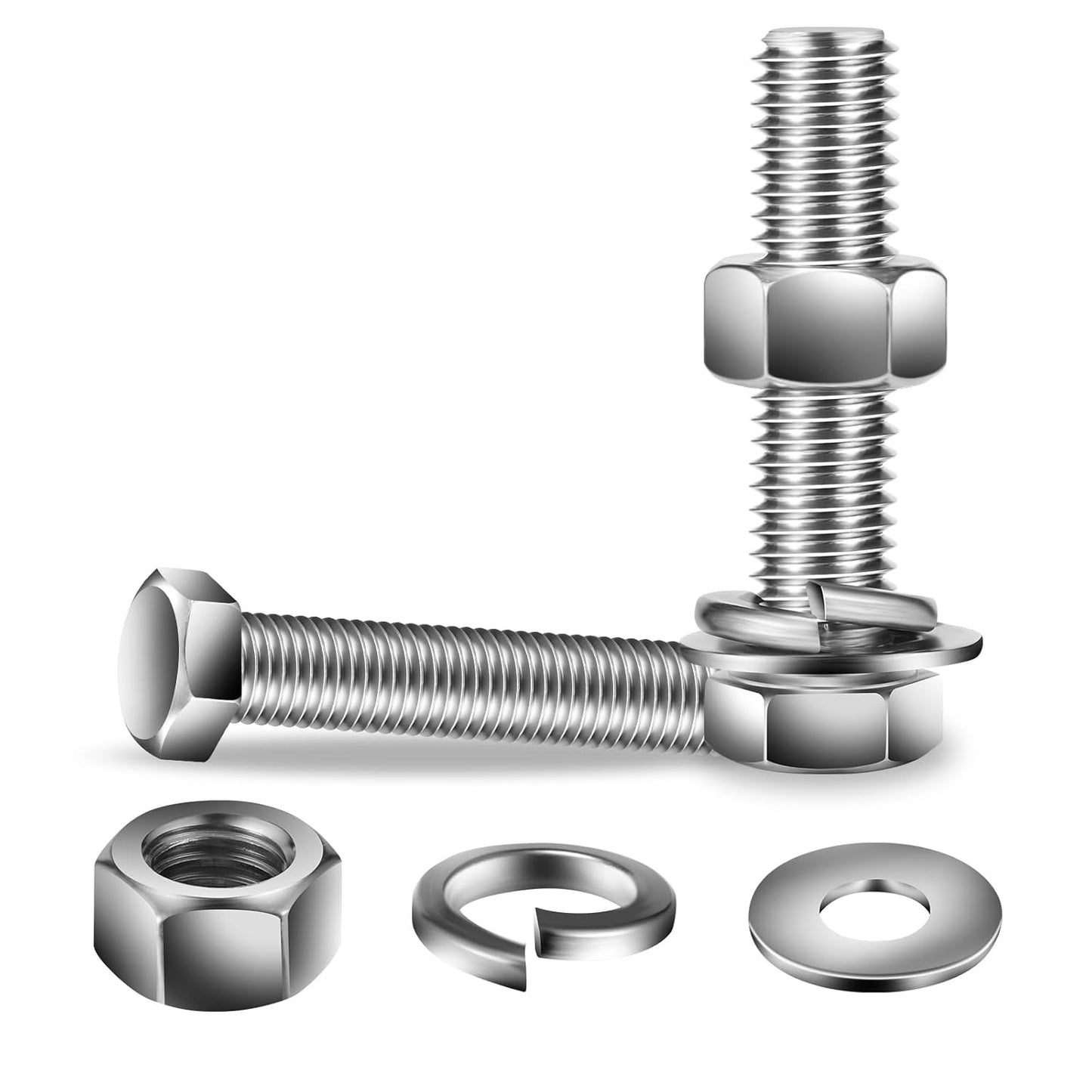 1/2-13 x 2-1/2" Hex Head Screw Bolt, Nuts, Flat & Lock Washers, 20Pcs 18-8 (304) Stainless Steel, Fully Threaded, by SG TZH