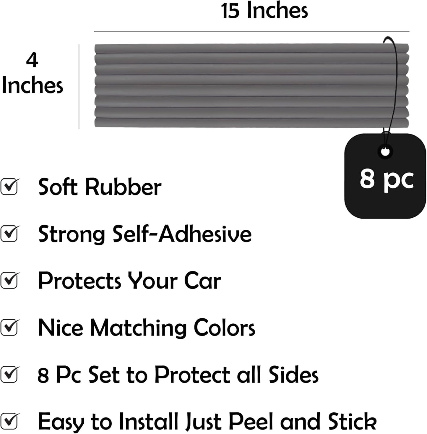 Rubber Bond Garage Wall Protectors 8 Pack - 4x15 Inches Strong Self-Adhesive Rubber Bumper Protectors for Garage Walls - Anti-Scratch and Waterproof (Grey)