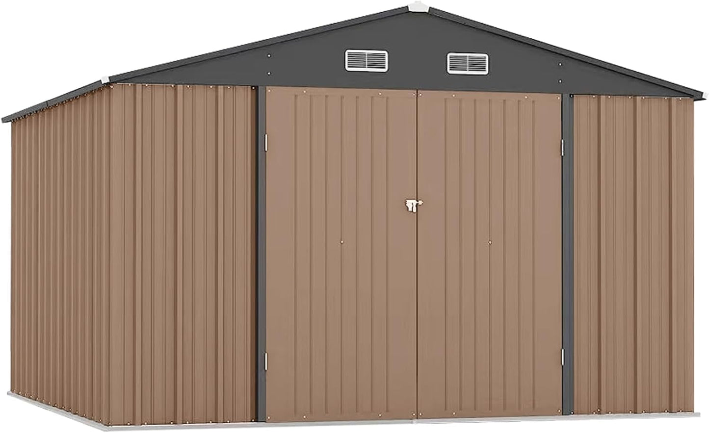 10X12FT Outdoor Metal Storage Shed, Lockable Weatherproof Garden Shed for Tools & Equipment, Durable Galvanized Steel with Sloping Roof & Ventilation, Ideal for Backyard, Patio & Garage Storage, Brown
