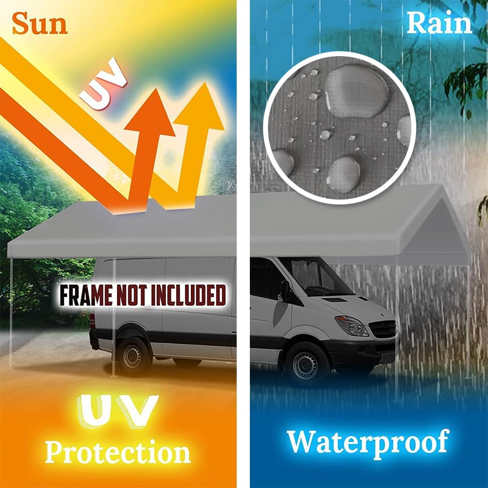 10'x20' Upgraded Carport Replacement Top Canopy Cover for Car Garage Shelter Tent Party Tent with Ball Bungees Grey (Only Top Cover, Frame is not Included)