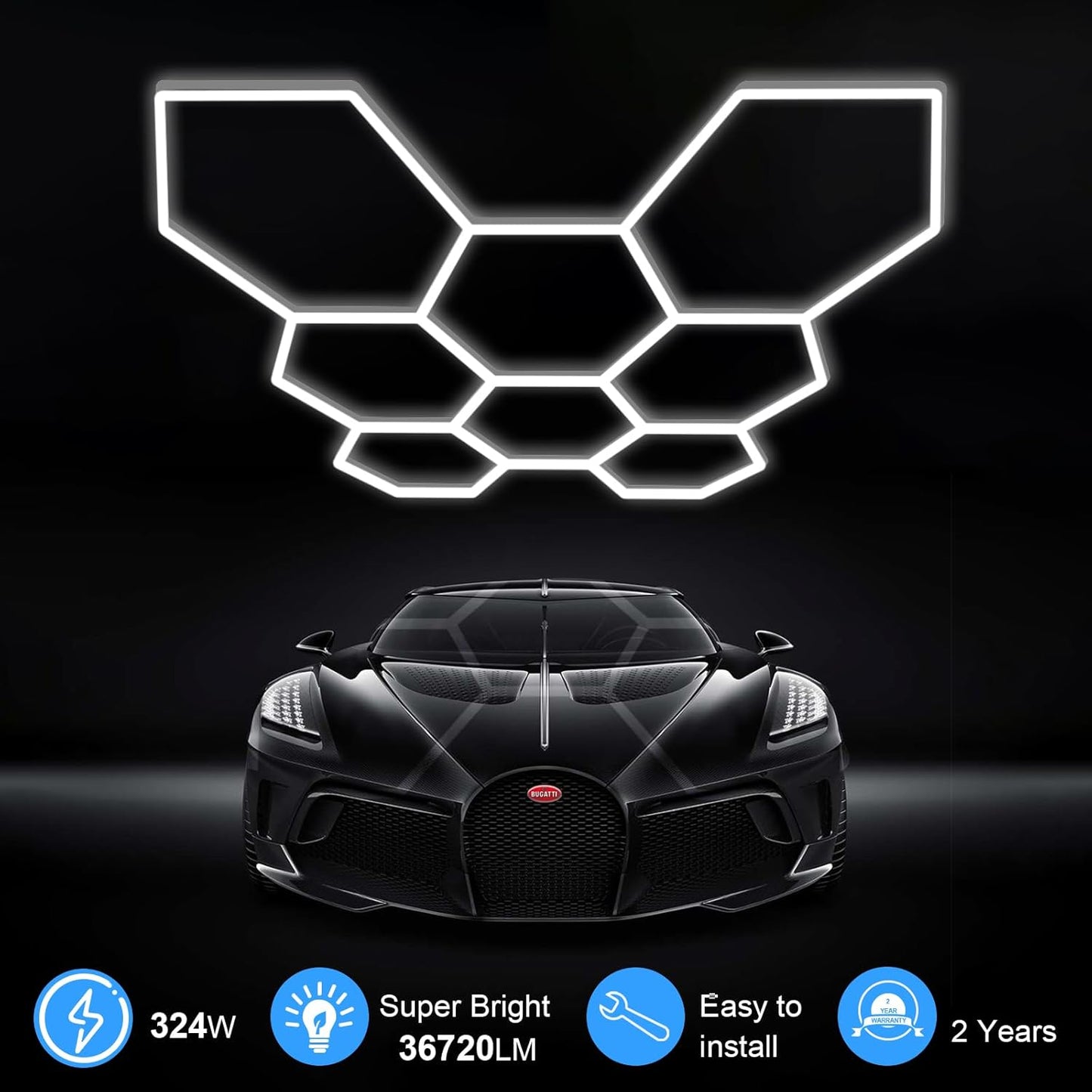 MODERN Hexagon Garage Light: Higher Brightness 38880 Lumens Honeycomb Garage Light, 8 Grid Systems 6500K, Hexagon Garage Grid Lighting for Garage, Gym, Car Detailing Shop etc.