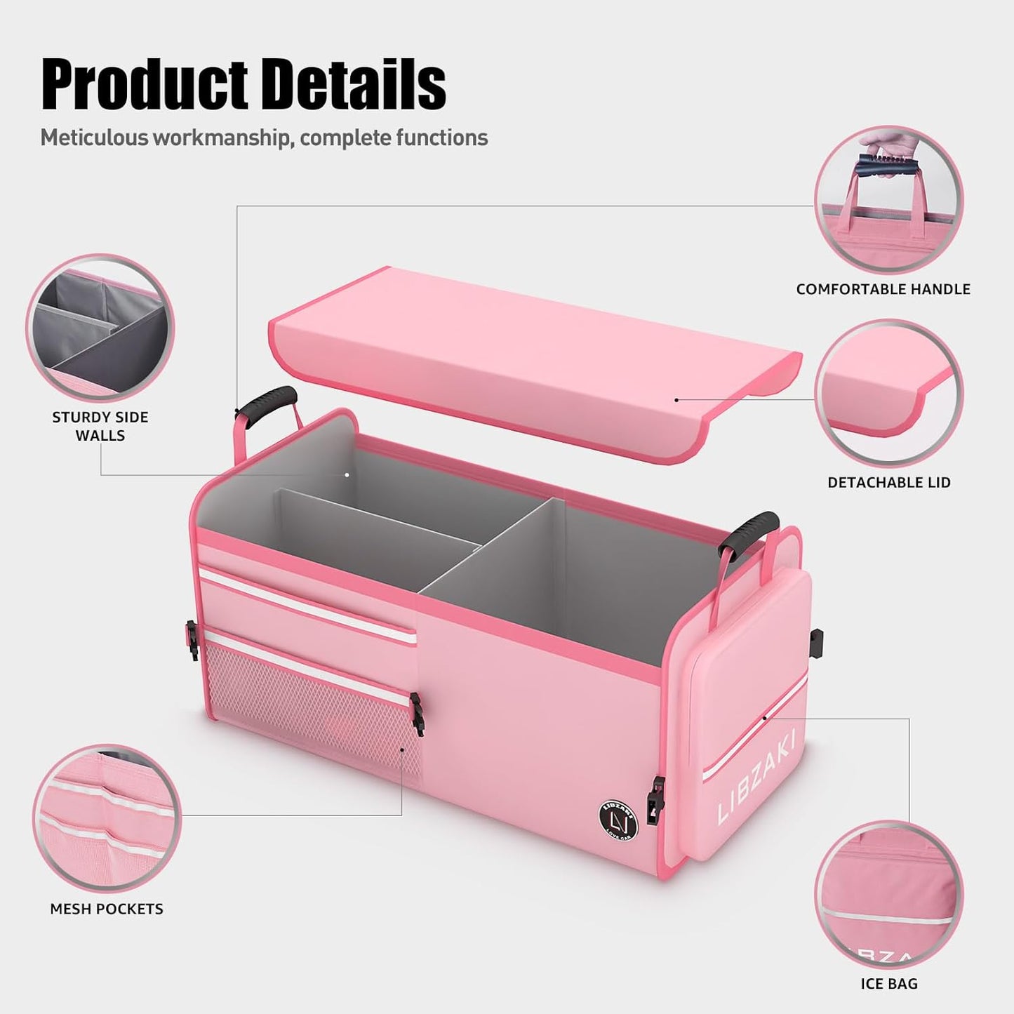 LIBZAKI Car Trunk Storage Organizer, Multi Compartment Collapsible Trunk Storage Box for Car Truck SUV-Pink