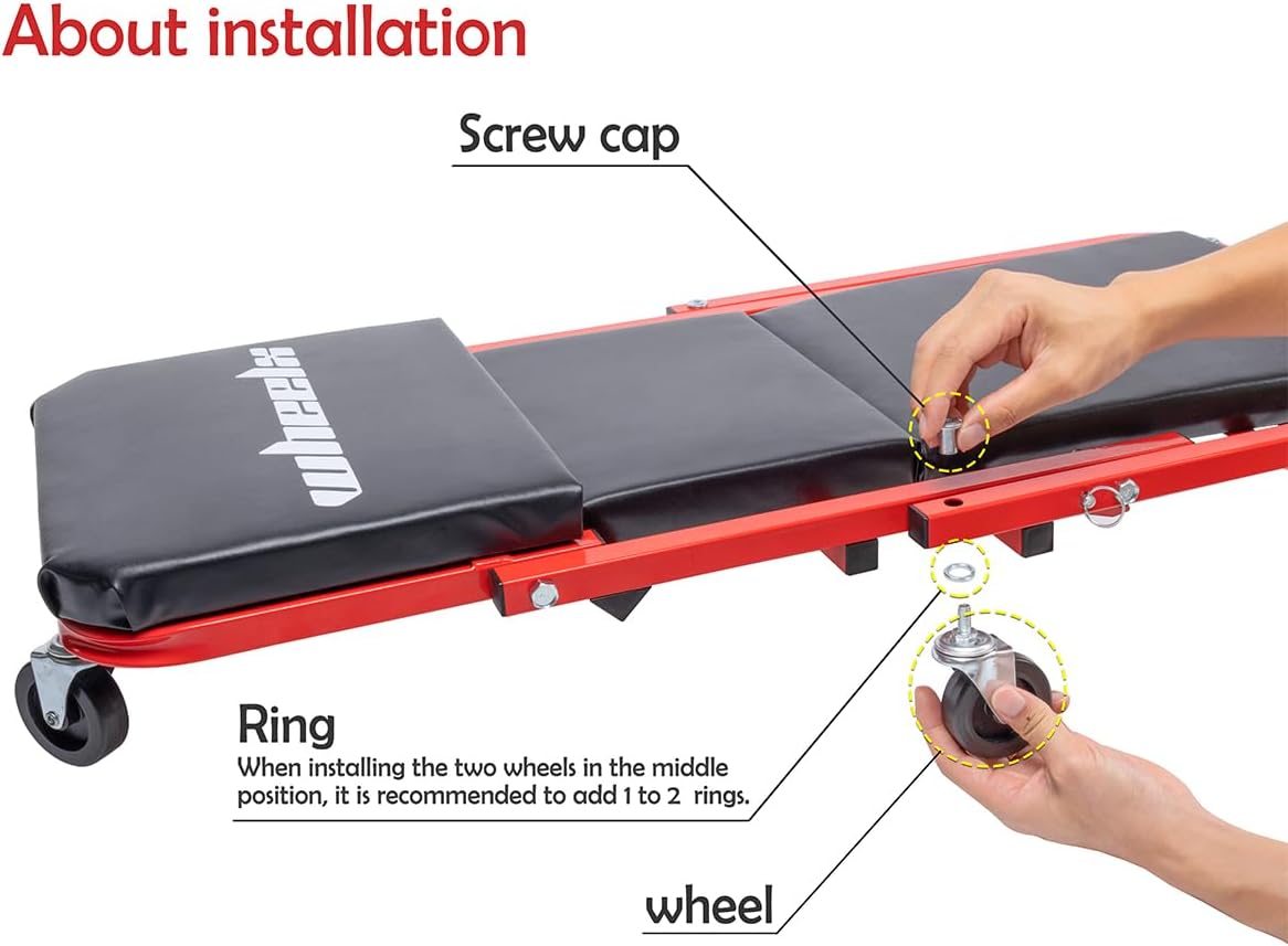 Mechanic Creeper 36 Inches 2 Modes Z Seat 340 lbs Capacity, Foldable Garage Chair Adjustable Rolling Folding with 6 pcs Wheels Roller, Lay Down or Sit, Under Car, Auto Repair Red Black Man Gift