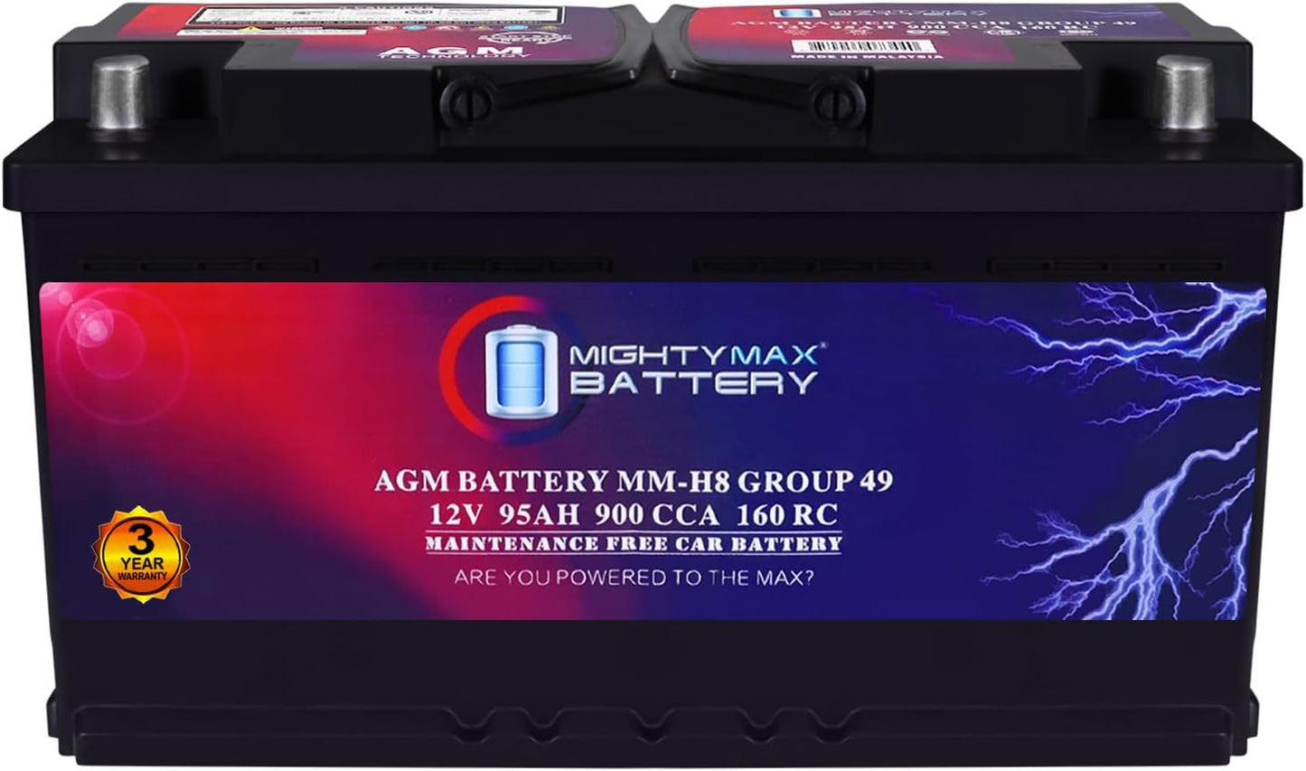 Mighty Max Battery MM-H8 Start and Stop Car BCI Group 49 12V 95Ah, 160RC, 900 CCA Rechargeable AGM Car Battery